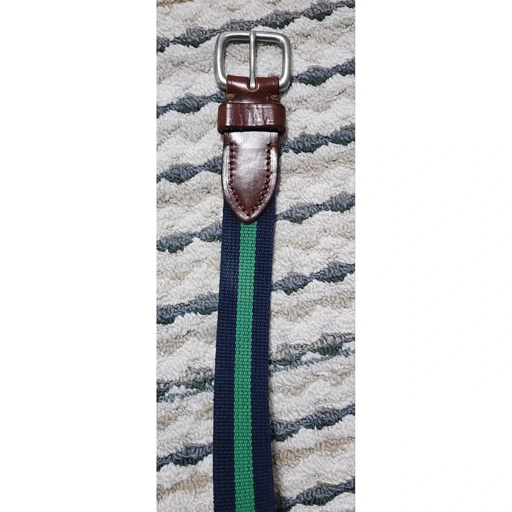J Crew Men's Navy Green Woven Canvas Leather Belt Size 36